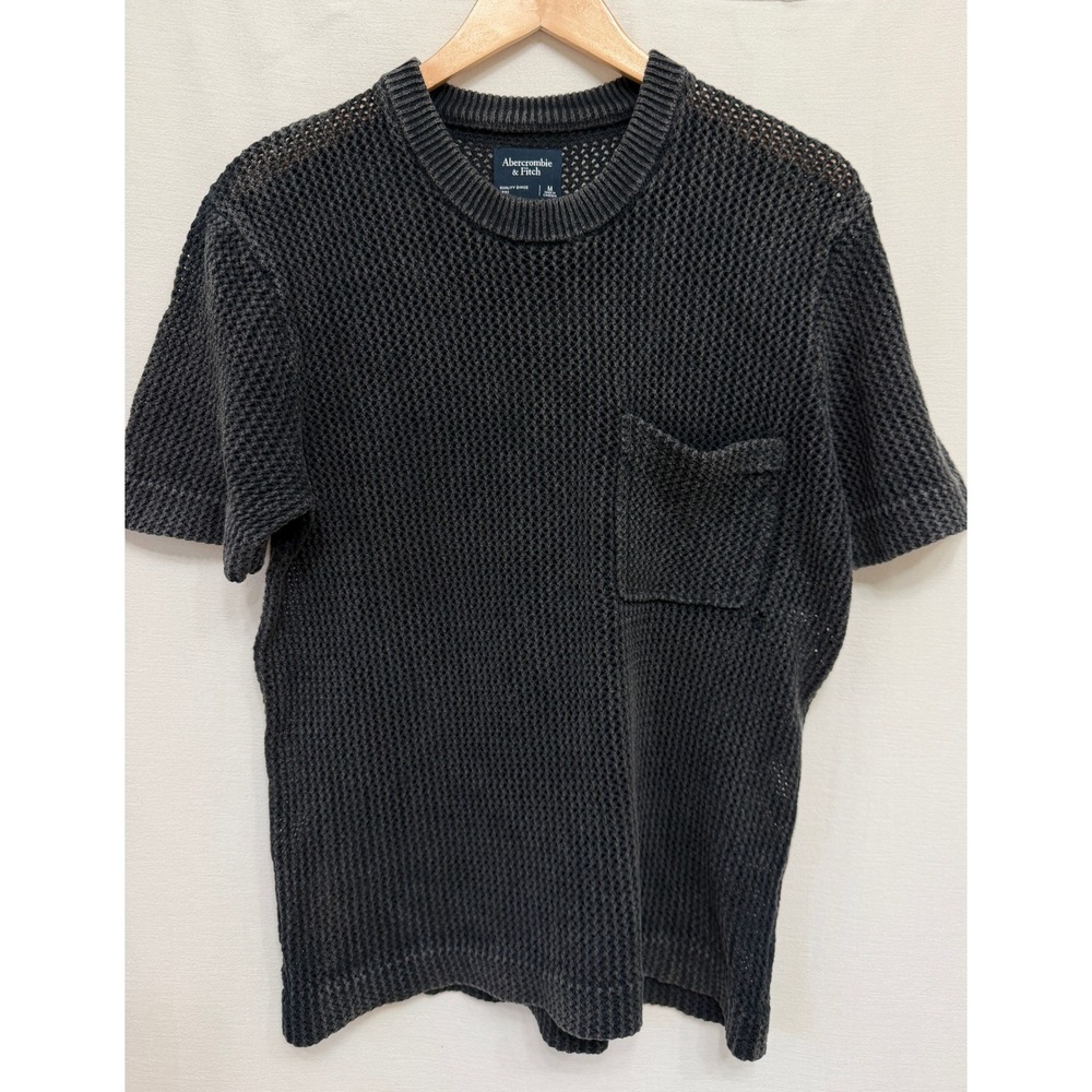 Abercrombie & Fitch Short Sleeve Crochet Sweater Men M Dark Charcoal Grey Pocket